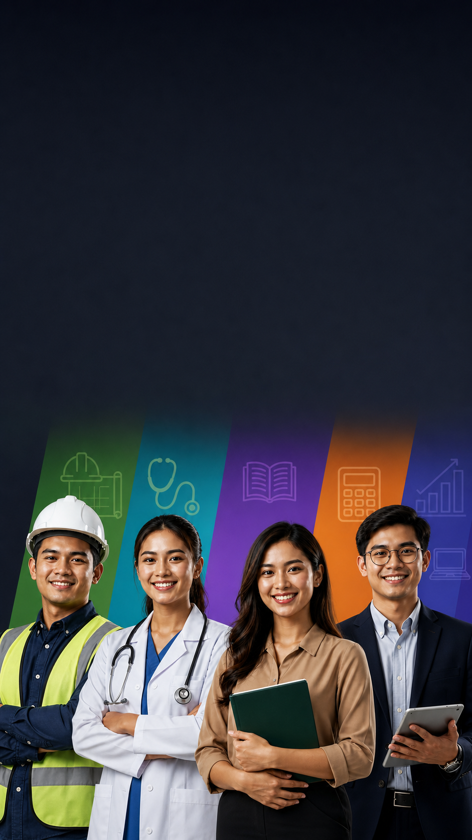 Filipino professionals across careers: an engineer, a doctor, a businesswoman, and office professionals, representing the exams ExamJuan reviewers prepare you for